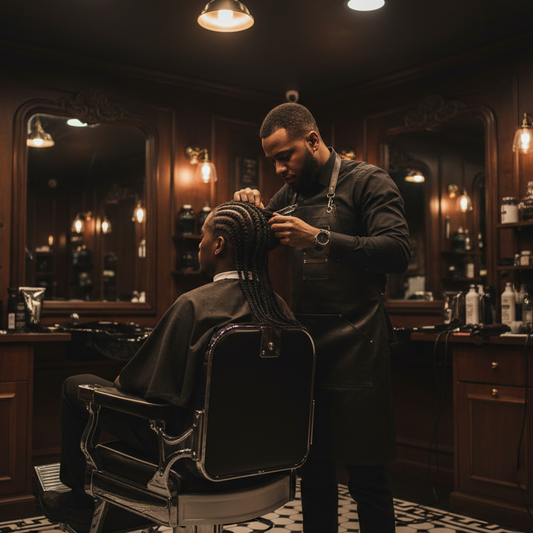 Cornrow braiding at a barbershop. dark themed