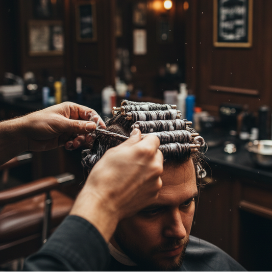 Hair Perming in a barbershop. dark themed. closeup