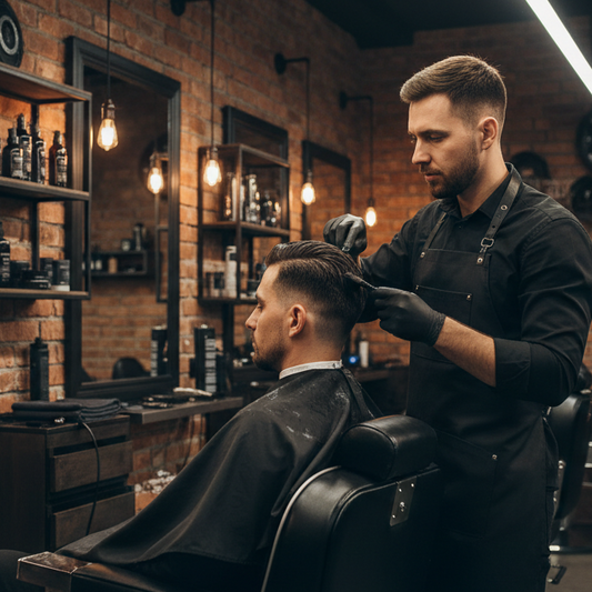 men hair coloring at barbershop. dark theme
